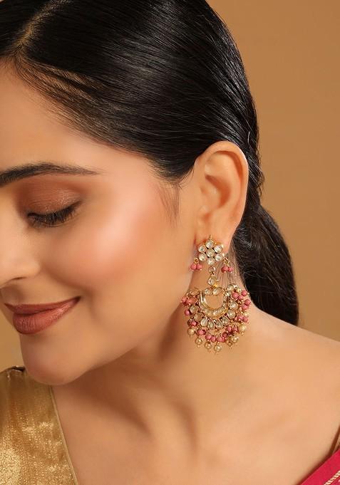 22K Gold Plated Kundan Stone Studded Contemporary Shape Green Bead Drops Chandbalis