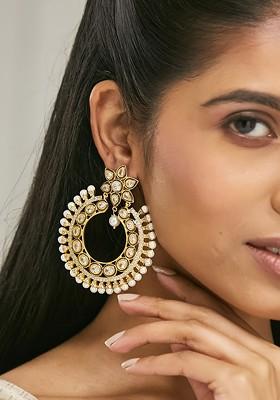 22K Gold Plated Kundan Stone Studded And Pearl Beaded Floral Statement Chandbalis