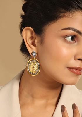 18K Gold Plated American Diamonds Studded Contemporary Shaped Dnagler Earrings