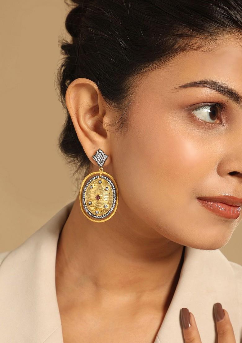 18K Gold Plated American Diamonds Studded Contemporary Shaped Dnagler Earrings - Indya