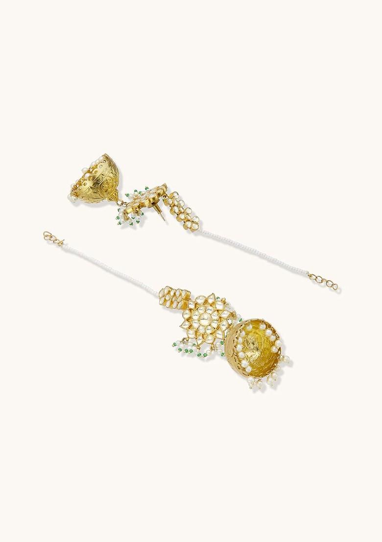 22K Gold Plated Floral Jhumki Kundan Studded Kanauti Earrings - Indya