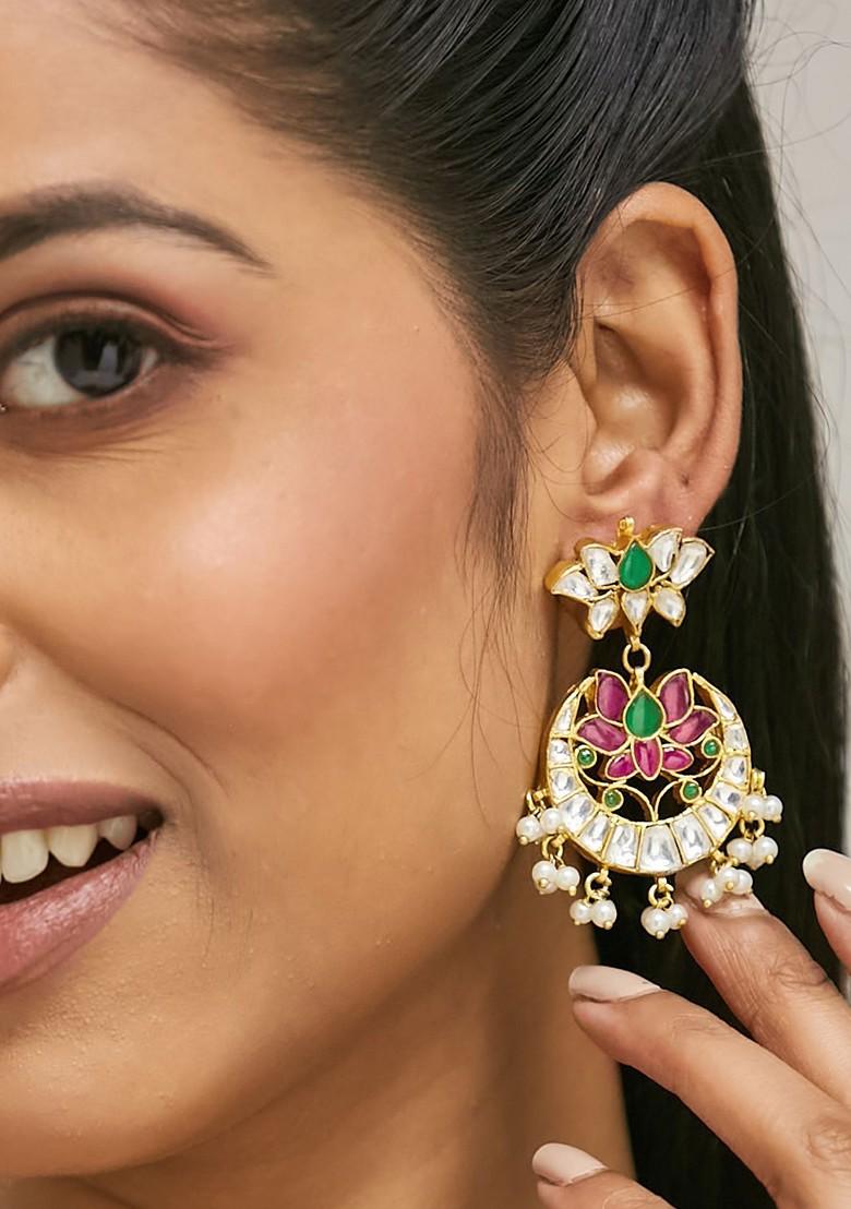 22K Gold Plated Exquisite Kundan Studded And Pearl Beaded Floral Ethnic Chandbalis - Indya