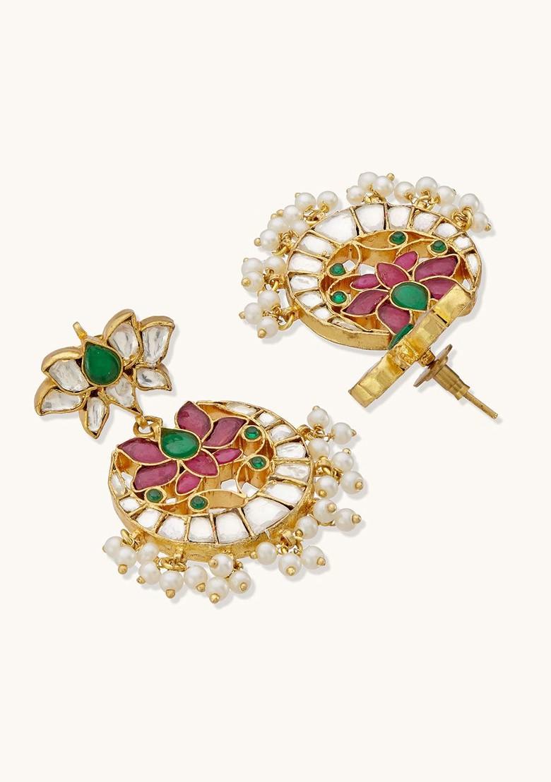 22K Gold Plated Exquisite Kundan Studded And Pearl Beaded Floral Ethnic Chandbalis - Indya