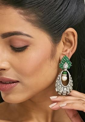 22K Gold Plated Zircon Studded And Pearl Teardrop Shaped Dangler Earrings