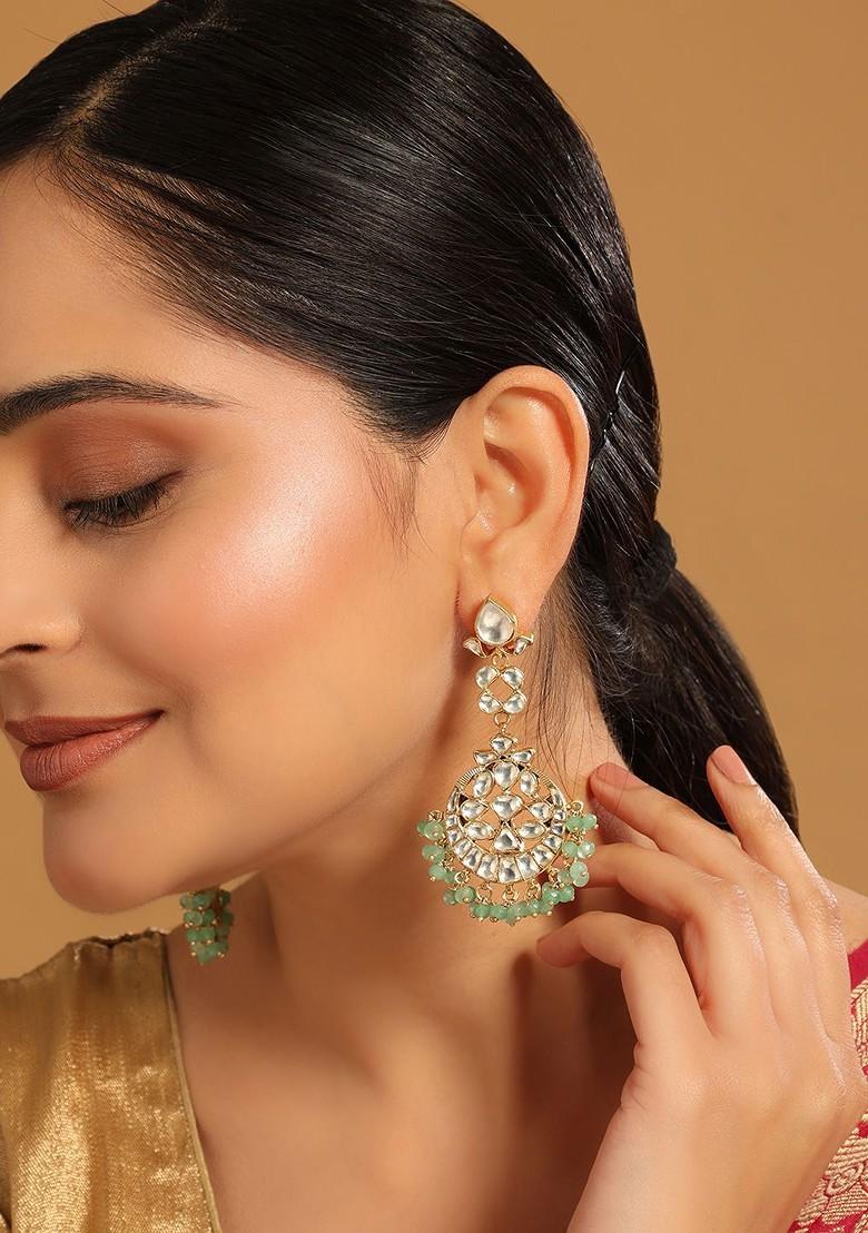 22K Gold Plated Kundan Stone Studded Contemporary Shaped Chandbalis - Indya