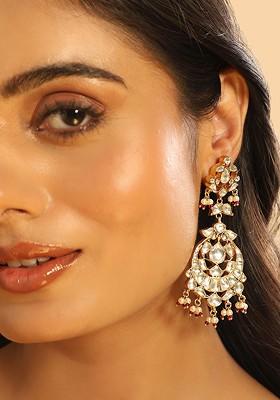 22K Gold Plated Artificial Stones Studded And Beaded Floral Shaped Drop Earrings