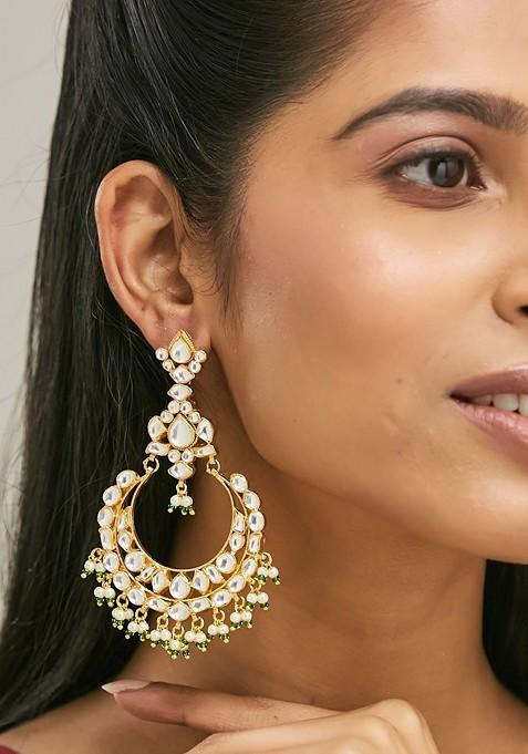 22K Gold Plated Elegant Kundan Stone Studded And Pearl Beaded Floral Chandbalis