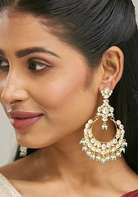 22K Gold Plated Kundan Stone Studded And Pearl Beaded Chandbalis