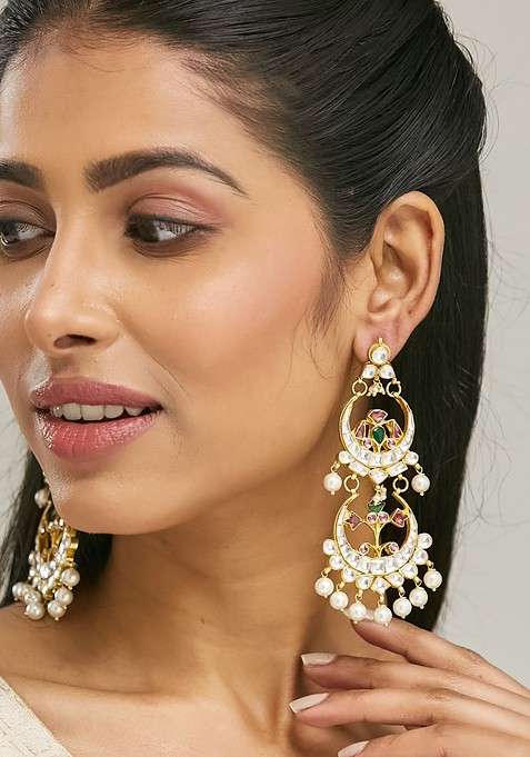 22K Gold Plated Kundan Stone Studded And Pearl Beaded Layered Chandbalis