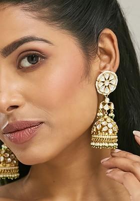 22K Gold Plated Kundan Stone Studded And Pearl Beaded Dome Shaped Jhumkas