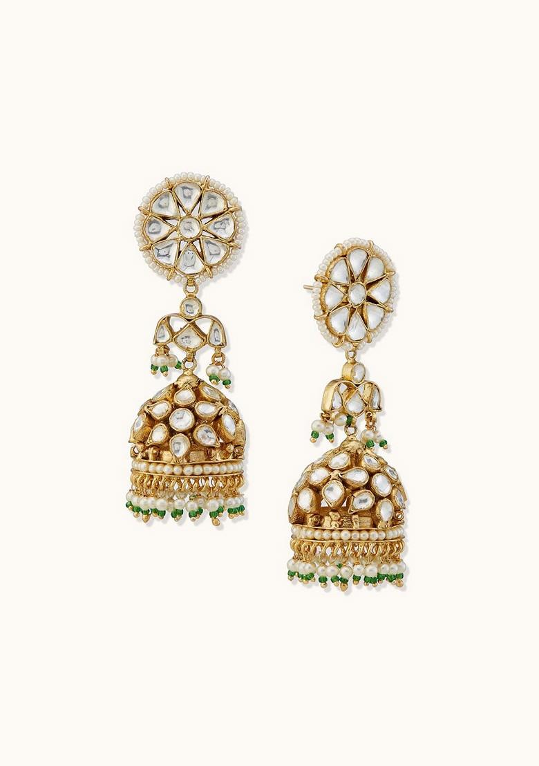 22K Gold Plated Kundan Stone Studded And Pearl Beaded Dome Shaped Jhumkas - Indya