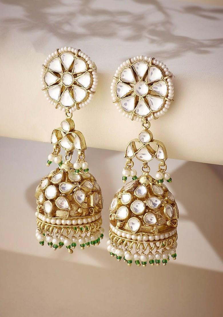 22K Gold Plated Kundan Stone Studded And Pearl Beaded Dome Shaped Jhumkas - Indya