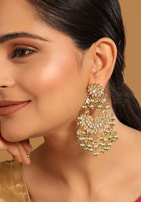 22K Gold Plated Kundan And Pearl Studded Crescent Shaped Green Beads Chandbalis
