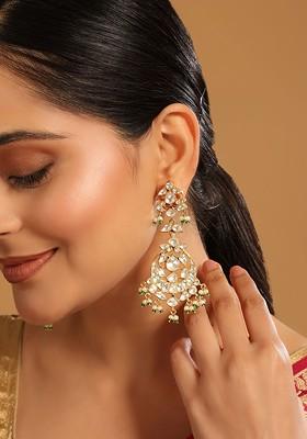 22K Gold Plated Kundan Studded And Beaded Crescent Shaped Chandbalis