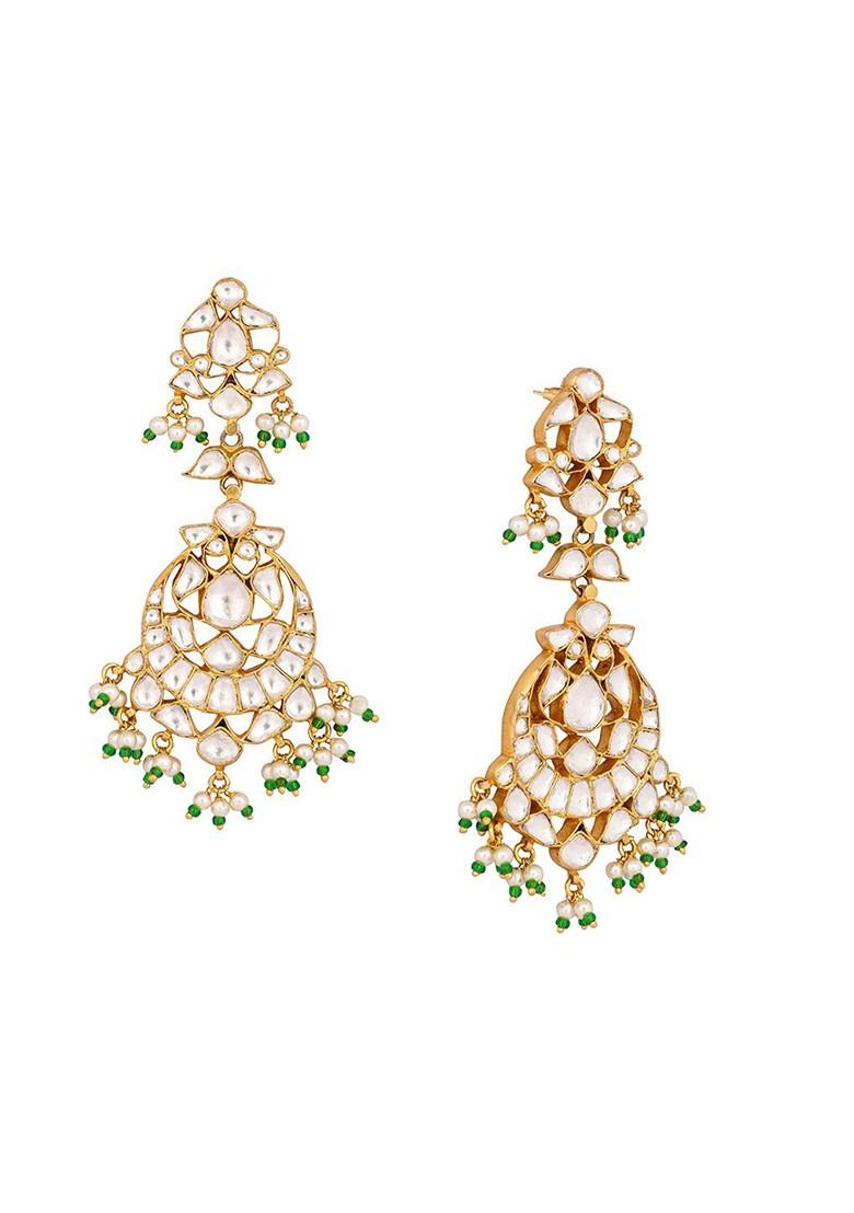 22K Gold Plated Kundan Studded And Beaded Crescent Shaped Chandbalis - Indya