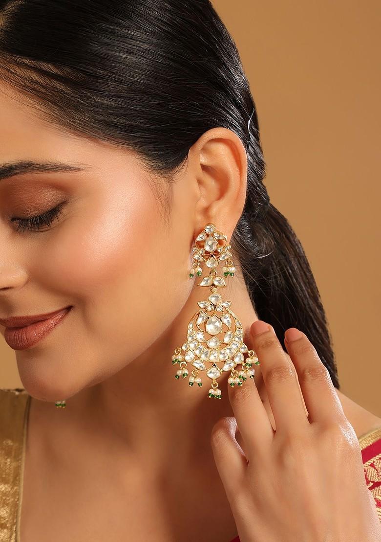 22K Gold Plated Kundan Studded And Beaded Crescent Shaped Chandbalis - Indya