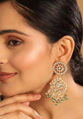 22K Gold Plated Traditional Kundan Studded With Pearl And Green Bead Dangler Earrings