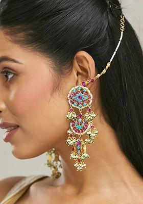 22K Gold Plated Kundan Stone Studded And Pearl Beaded Crescent Shape Kanauti Earrings