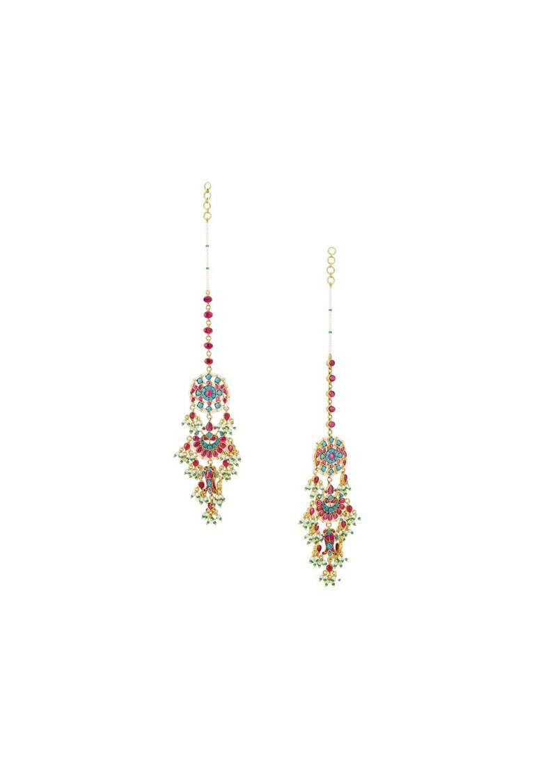 22K Gold Plated Kundan Stone Studded And Pearl Beaded Crescent Shape Kanauti Earrings - Indya