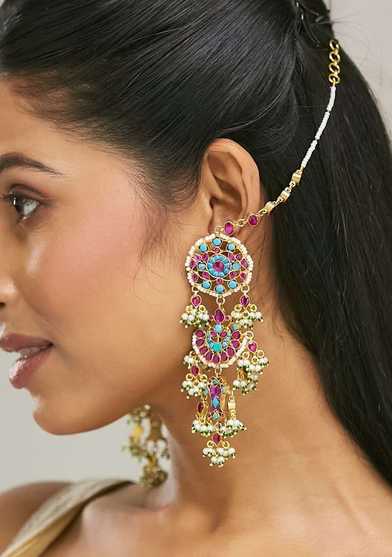 22K Gold Plated Kundan Stone Studded And Pearl Beaded Crescent Shape Kanauti Earrings - Indya