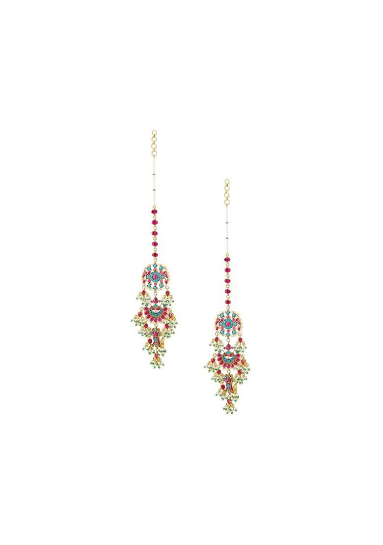 22K Gold Plated Kundan Stone Studded And Pearl Beaded Crescent Shape Kanauti Earrings - Indya