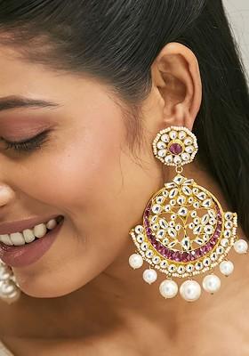 22K Gold Plated Elegant Ruby And Kundan Stone Studded Pearl Beaded Floral Chandbalis