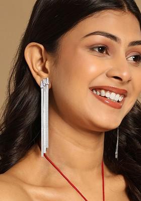 Stainless Steel Rhodium Plated Cz Studded Contemporary Tasselled Drop Earrings