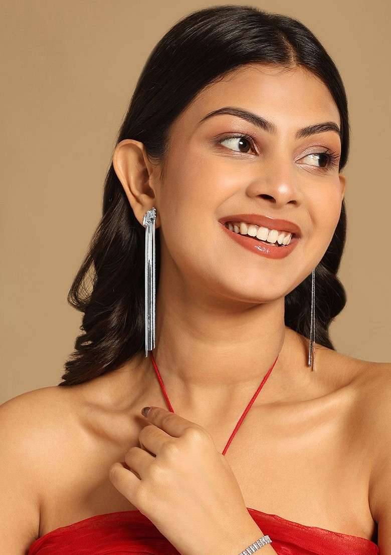 Stainless Steel Rhodium Plated Cz Studded Contemporary Tasselled Drop Earrings - Indya