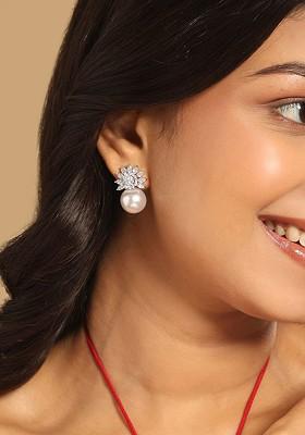Rhodium Plated Cubic Zirconia Studded Anti Tarnish Floral Shaped Studs
