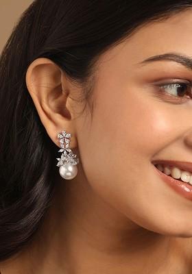 Rhodium Plated Cubic Zirconia And Pearls Studded Floral Drop Earrings