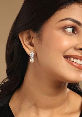 Rhodium Plated Cz Studded And Pearls Beaded Contemporary Drop Earrings