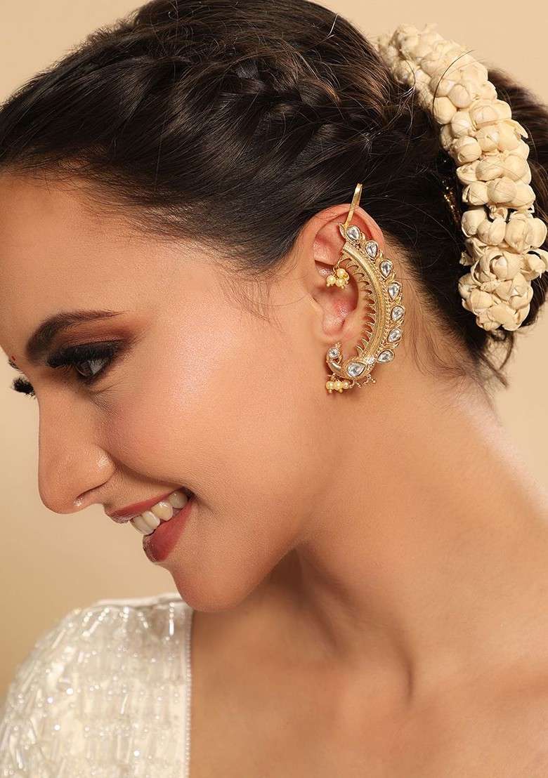 Gold Plated Kundan Studded Contemporary Ear Cuff - Indya