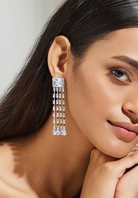 Silver Plated Stainless Steel Cubic Zirconia Studded Square Tasselled Drop Earrings