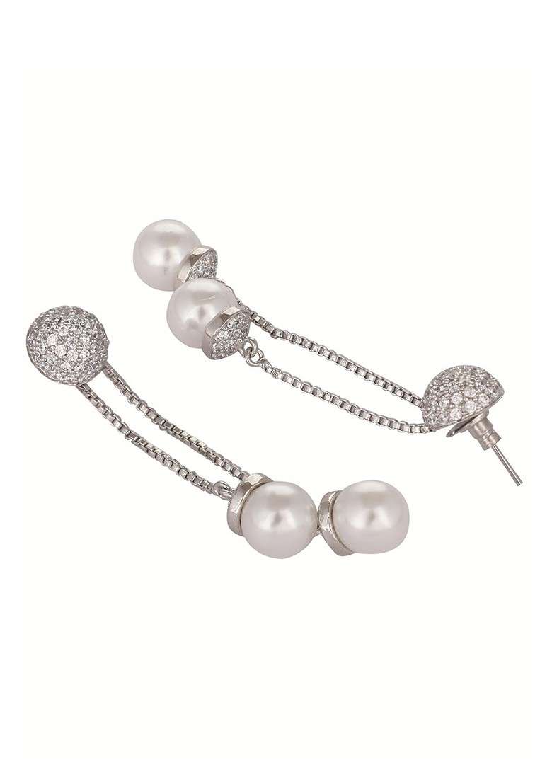 Rhodium Plated Cubic Zirconia Studded Contemporary Drop Earrings - Indya