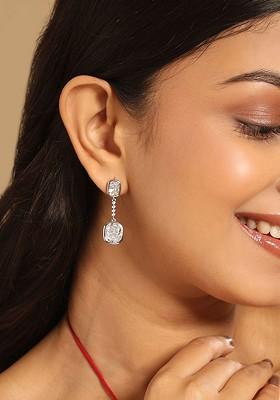 Rhodium Plated Cubic Zirconia Studded Contemporary Shaped Drop Earrings
