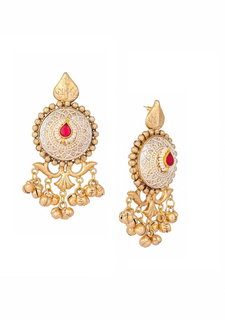 22K Gold Plated Rhinestone Studded Contemporary Shaped Drop Earrings - Indya