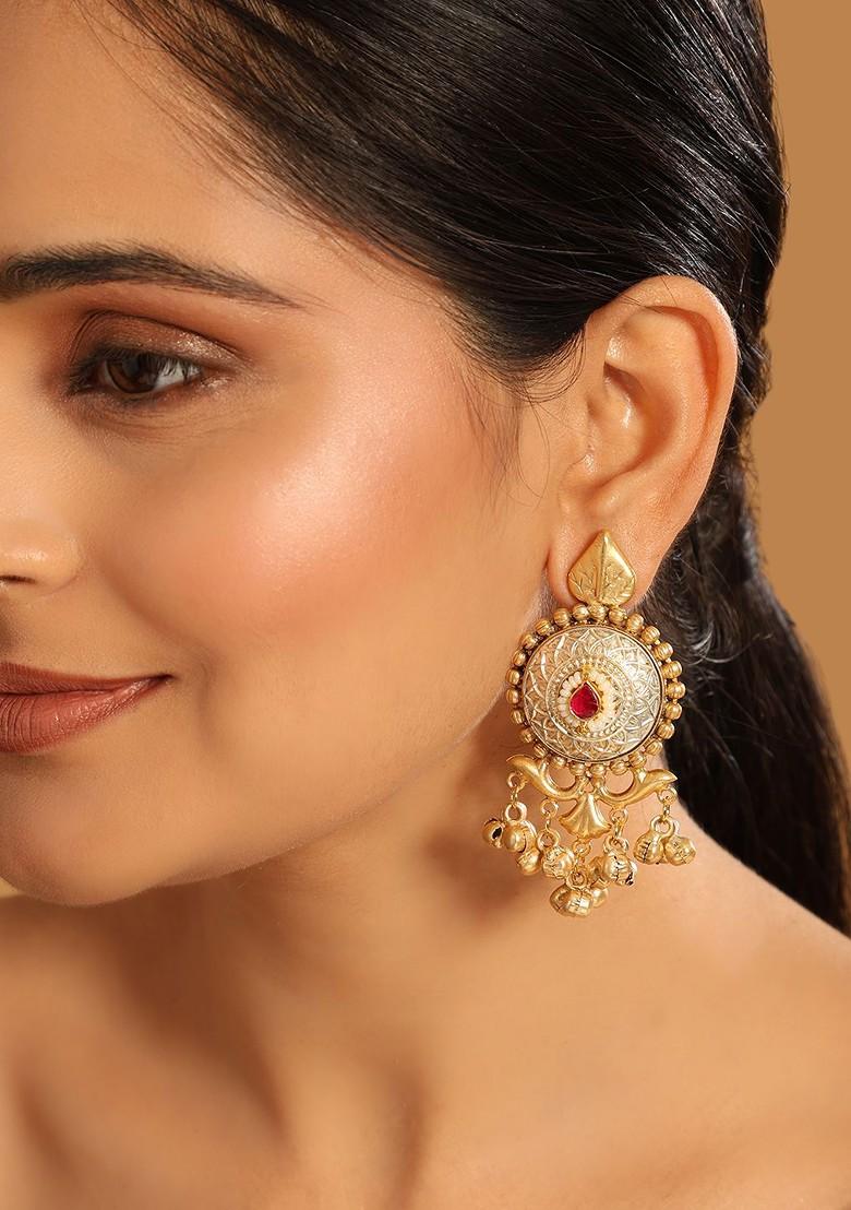 22K Gold Plated Rhinestone Studded Contemporary Shaped Drop Earrings - Indya