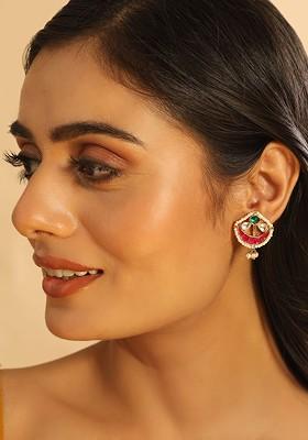 Gold Plated Artificial Stones Studded And Beaded Crescent Shaped Drop Earrings