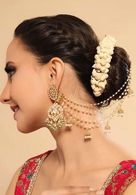 Gold Plated Pearls Beaded Contemporary Drop Earrings With Ear Chain