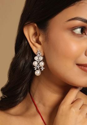 Stainless Steel Rhodium Plated Cz Studded And Pearls Beads Contemporary Drop Earrings