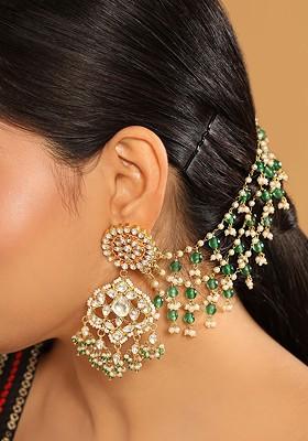 22K Gold Plated Pearls Studded Contemporary Shaped Studs Triple Strand Ear Chain