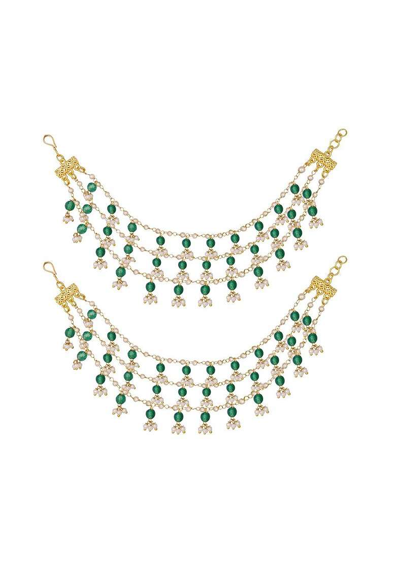 22K Gold Plated Pearls Studded Contemporary Shaped Studs Triple Strand Ear Chain - Indya