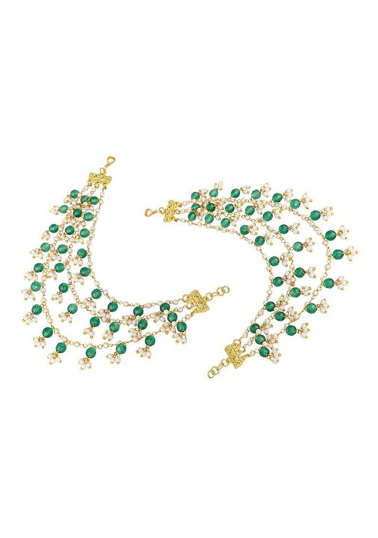 22K Gold Plated Pearls Studded Contemporary Shaped Studs Triple Strand Ear Chain - Indya