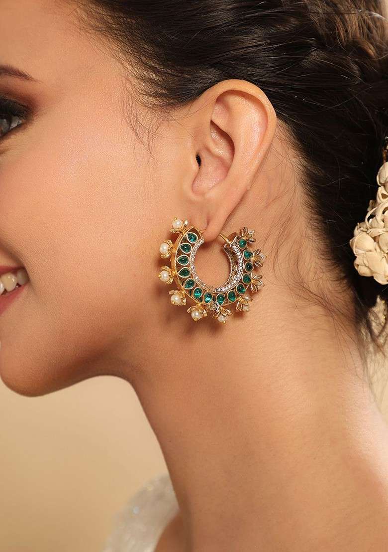 Gold Plated Kundan Studded Circular Shape Hoop Earrings - Indya
