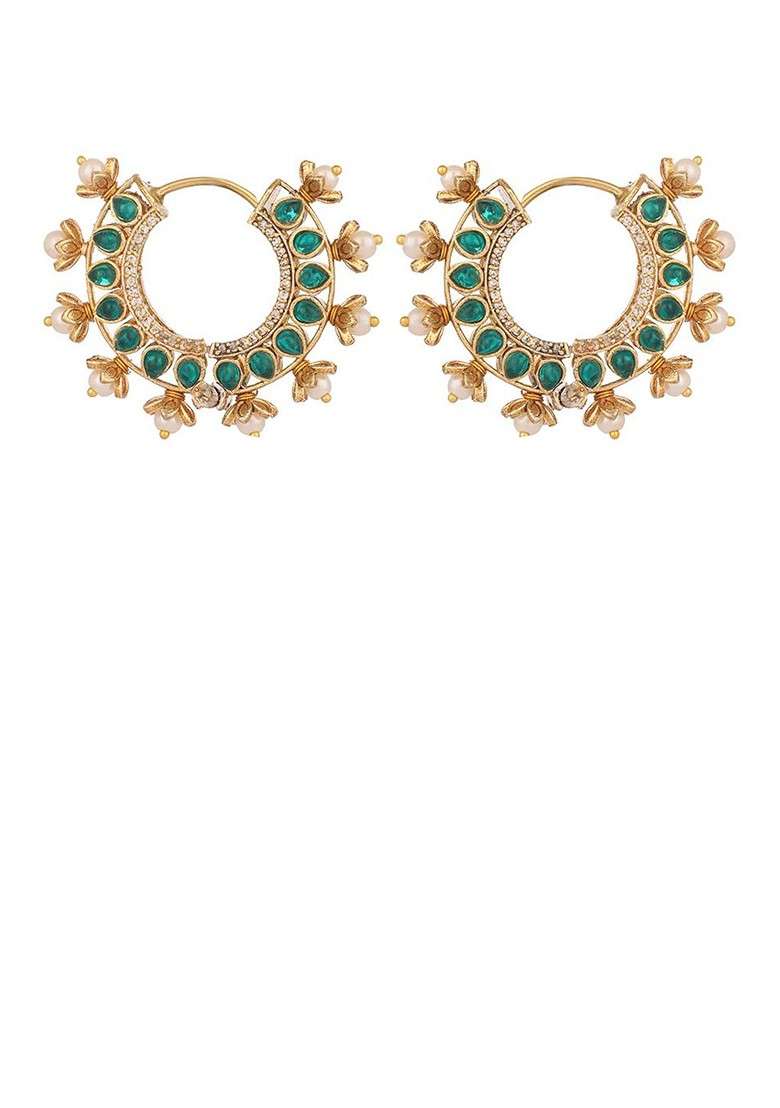 Gold Plated Kundan Studded Circular Shape Hoop Earrings - Indya