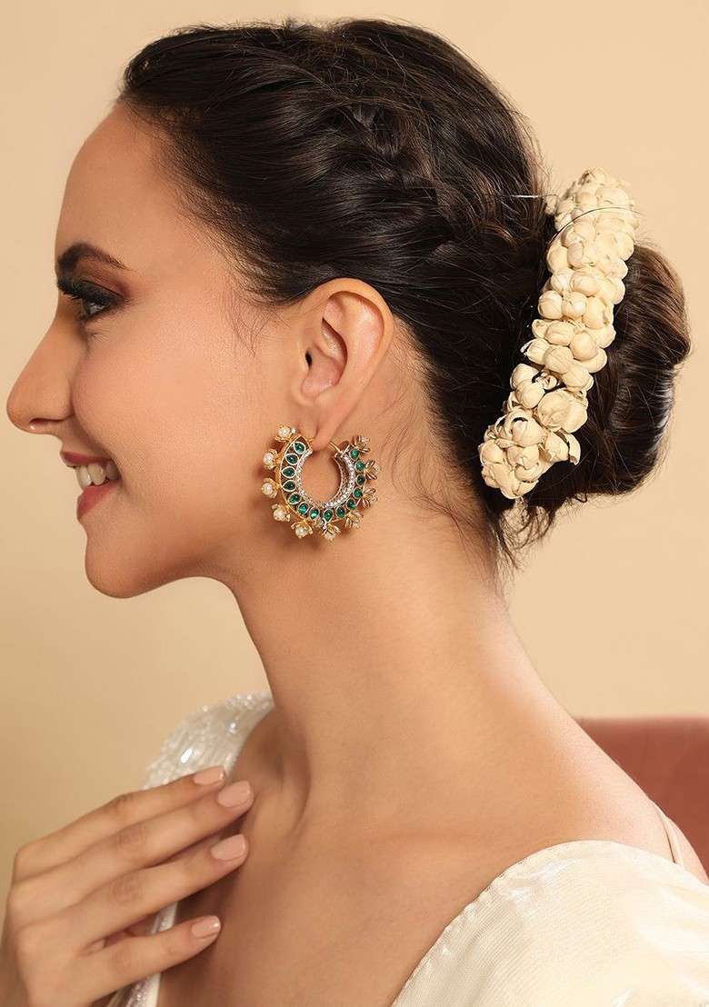 Gold Plated Kundan Studded Circular Shape Hoop Earrings - Indya