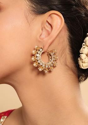 Gold Plated Pearls Beaded And Kundan Studded Circular Shape Hoop Earrings