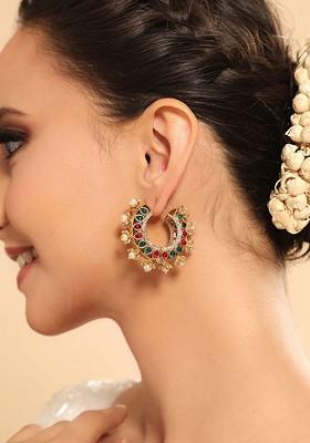 Gold Plated Kundan Studded Circular Shape Hoop Earrings