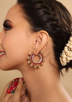 Gold Plated Kundan Studded Circular Shaped Hoop Earrings
