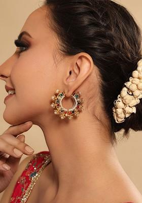 Gold Plated Kundan Studded Circular Shape Hoop Earrings